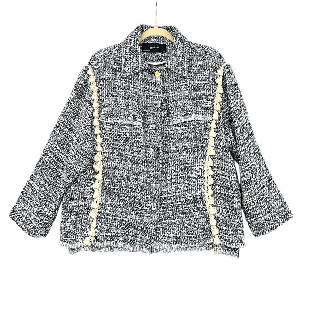 Zara Basic Boucle Blue White‎ Tassel Patch Pockets Button Up Tweed Jacket Size M